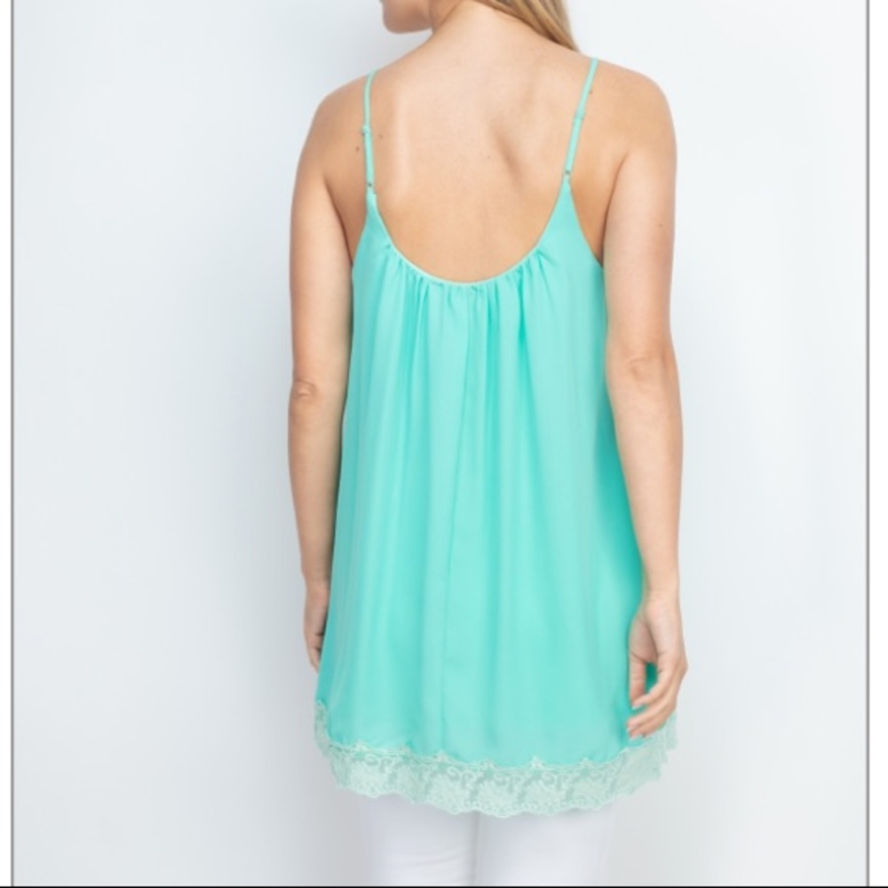 Aqua Mint sleeveless strappy scoop neck lace trim hem detail flowy tunic top. - Picture 3 of 16